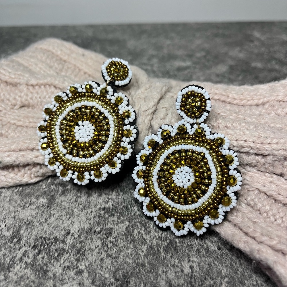 Elegant Beaded Earrings - White and Gold and Black